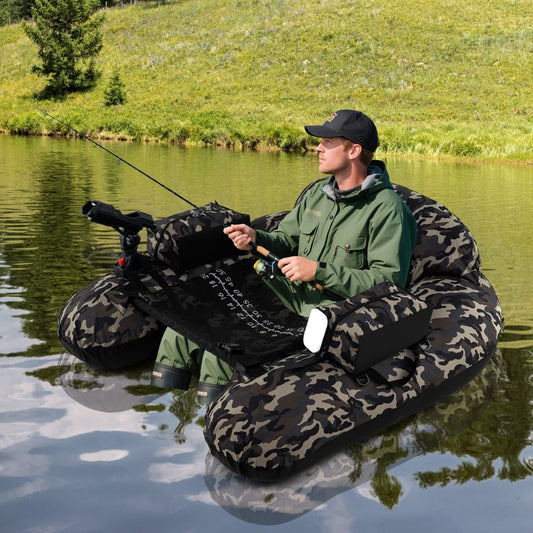 Man fishing from the inflatable float tube on a calm lake, wearing waterproof clothing