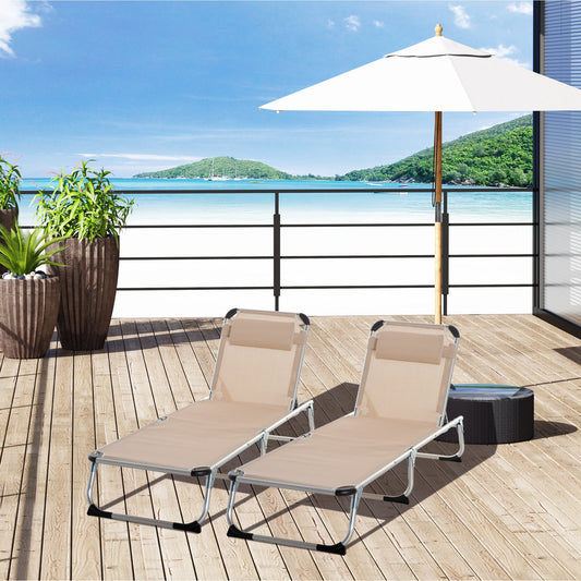 Outsunny Foldable Outdoor Sun Loungers Set of 2, Reclining Lounge Chair Camping Bed Cot with Pillow 4-Level Adjustable Back Aluminium Frame, Khaki