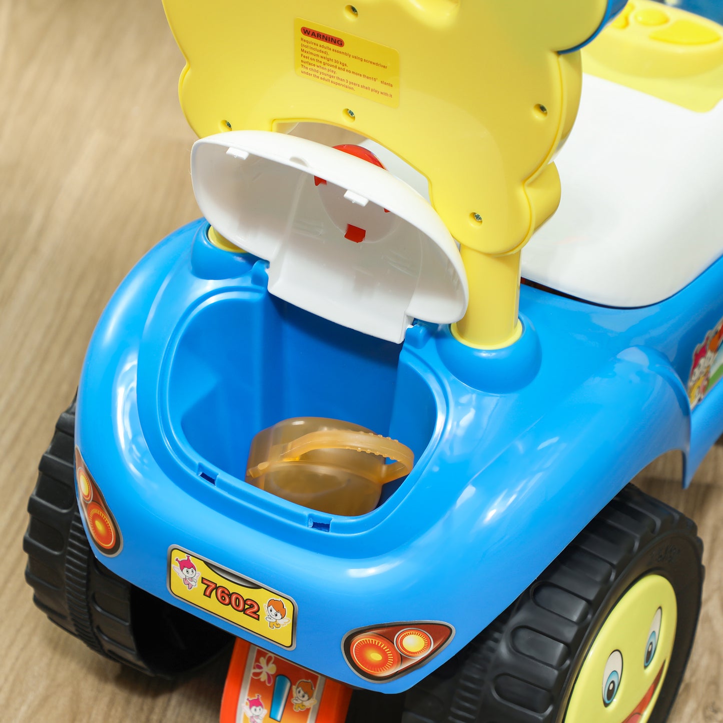 AIYAPLAY Foot to Floor oddler Ride on Toy w/ Music, Light, Horn, Under Seat Storage, Anti-Over-Backwards Device, Blue