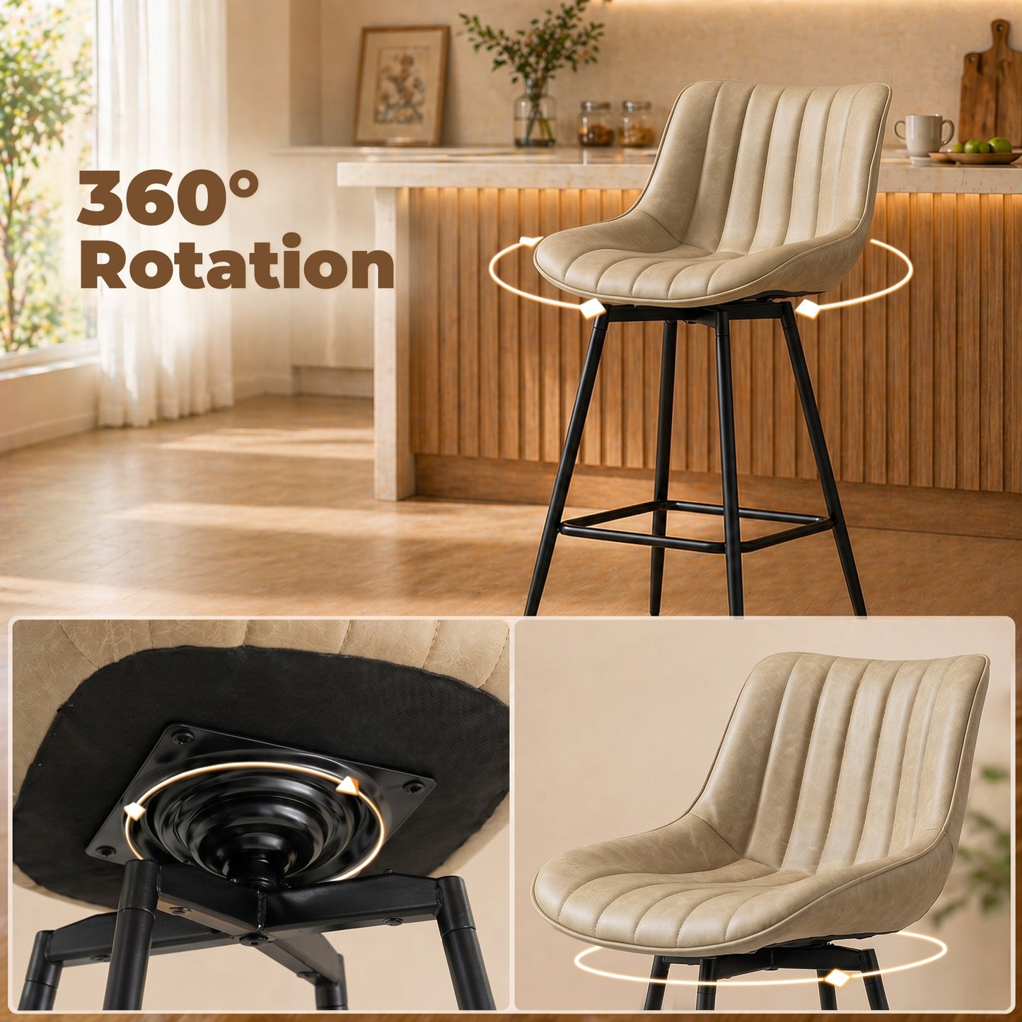 HOMCOM Set of 2 PU Leather Swivel Bar Stools - Light Brown