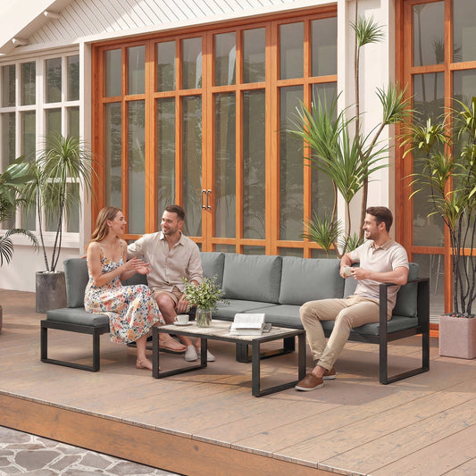 Outsunny 4 Piece Garden Furniture Set, Garden Sofa Set with 2 Loveseats, Armless Chair, Coffee Table for Balcony, Dark Grey
