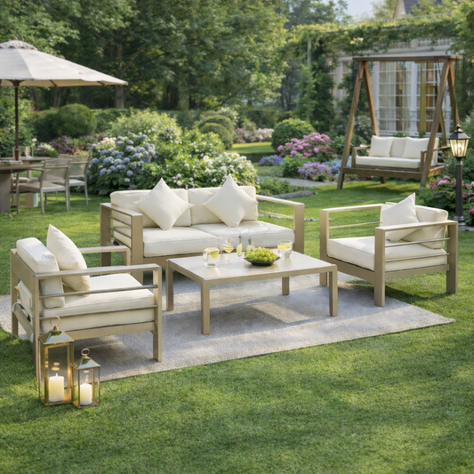 Outsunny 4 Pieces Outdoor Garden Furniture Set, Aluminium Frame Backyard Furniture w/ Thick Padded Cushioned Loveseat, 2 Chairs, and Glass Top Table, Champagne Gold