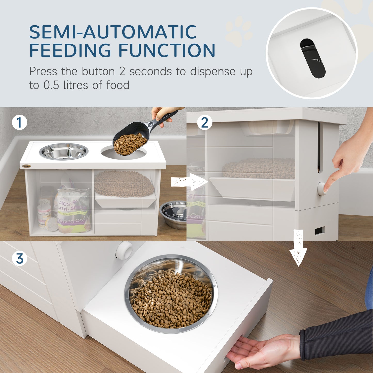 PawHut Raised Dog Bowls w/ Slow Feeder Mat, Storage Cabinet, 3 Stainless Steel Bowls, Semi-Auto Dispenser Function, White