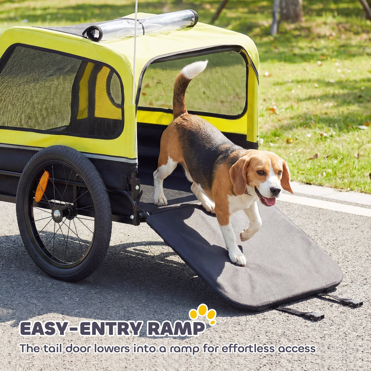 PawHut Dog Bike Trailer with Flip-Down Ramp Tailgate, Quick Release Frame, Universal Bicycle Coupler, Reflectors, Yellow