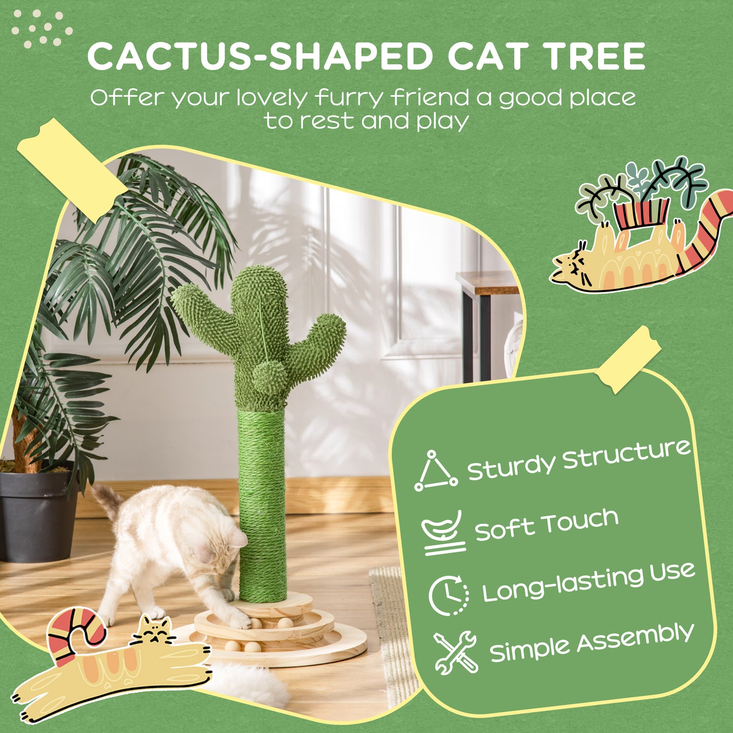 PawHut Cat Tree Cactus Sisal Scratching Post for Indoor Cats Play Tower Kitten Furniture with Hanging Ball Interactive Fun Roller Exerciser 32 x 32 x 60cm
