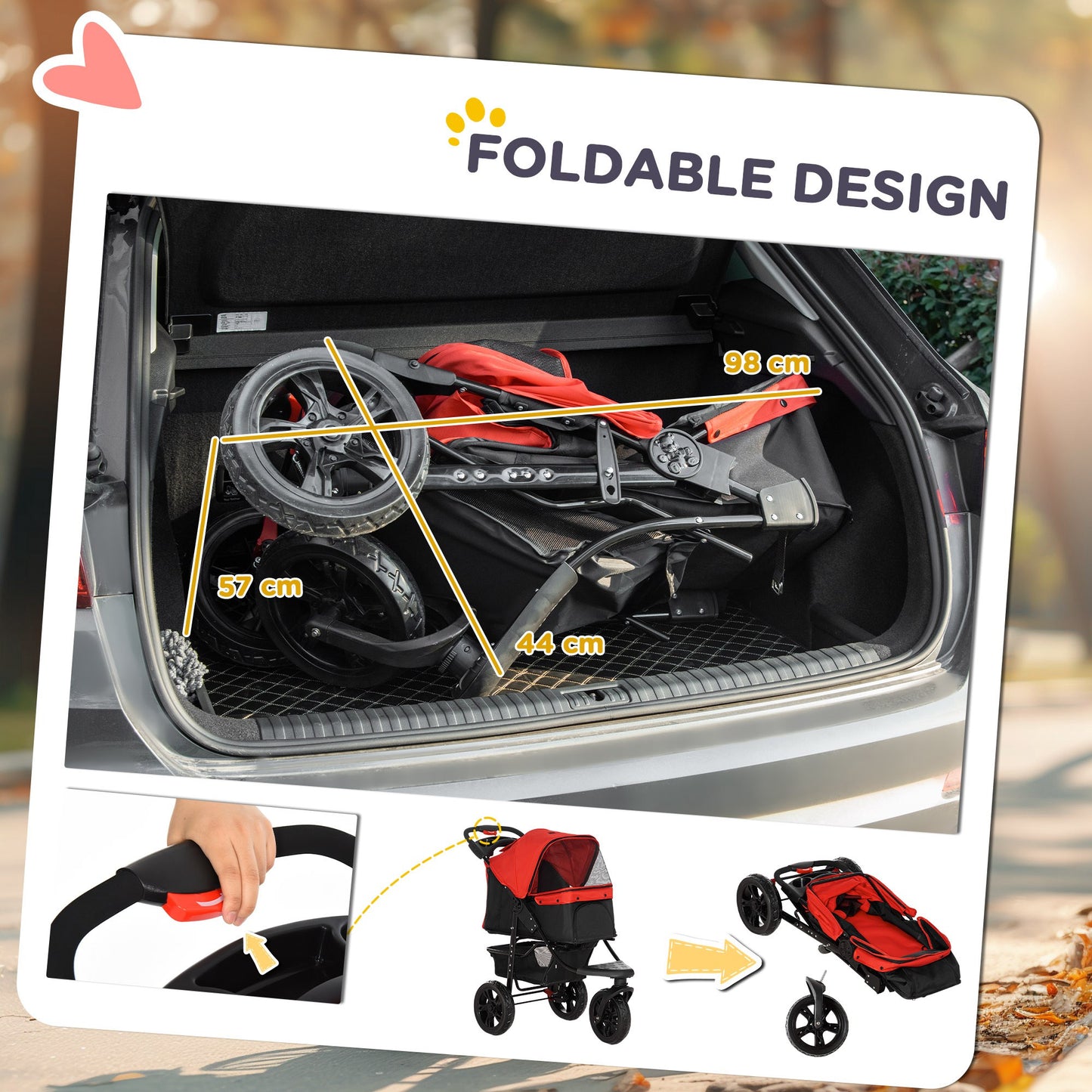 PawHut Dog Stroller Foldable Pet Pram, 3 Wheels Dog Pushchair with Brake, for Small Miniature Breeds, Cats, Red