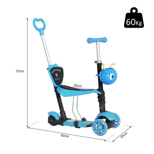 The kids scooter shown from the side with various dimension lines indicating the product size