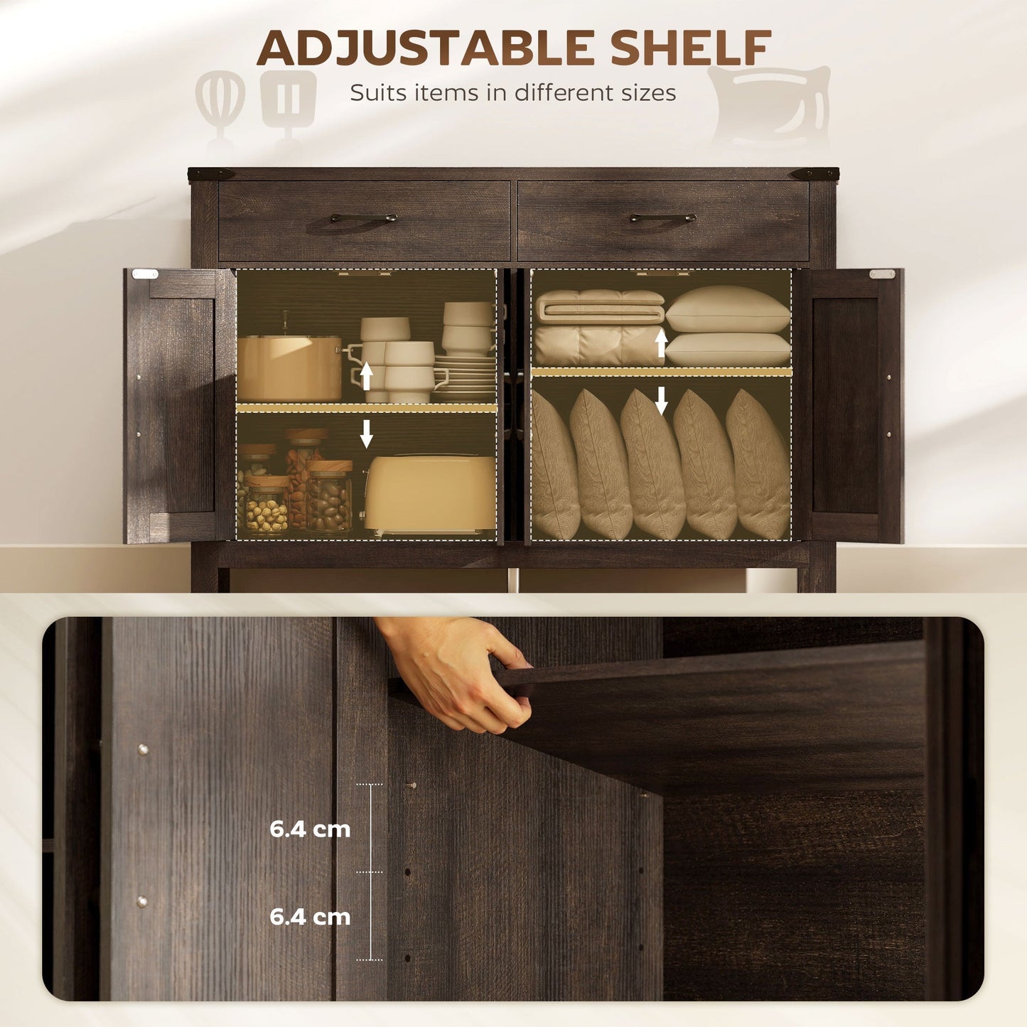 HOMCOM Kitchen Cupboard, Sideboard with 4 Doors, 2 Drawers and 2 Adjustable Shelves for Dining Room, Dark Brown