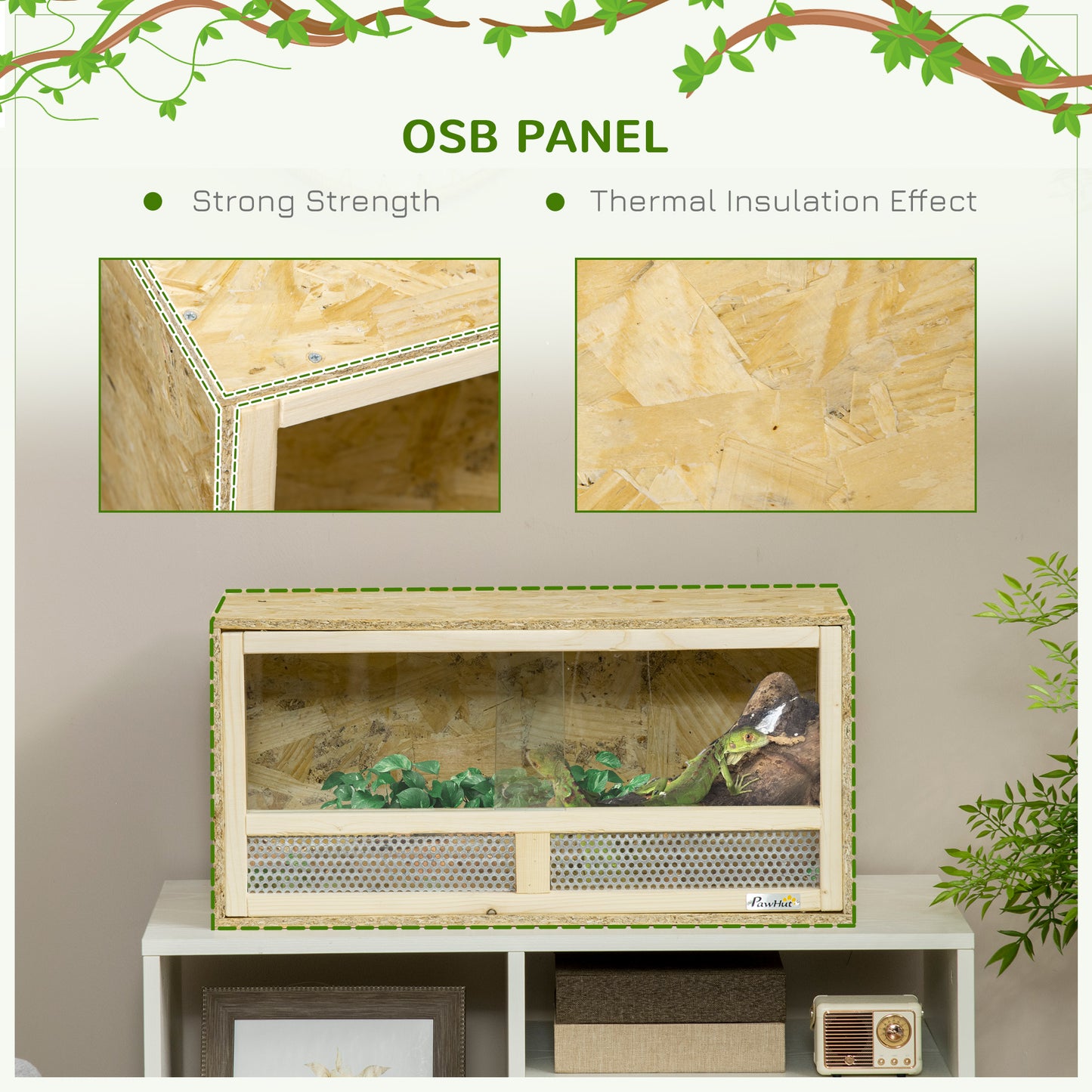 مسكن الزواحف PawHut Terrarium Vivarium مع أبواب منزلقة شفافة وشبكة قابلة للتنفس، للسحالي والضفادع ذات القرون والثعابين والحرباء، 60 × 29.5 × 29.5 سم