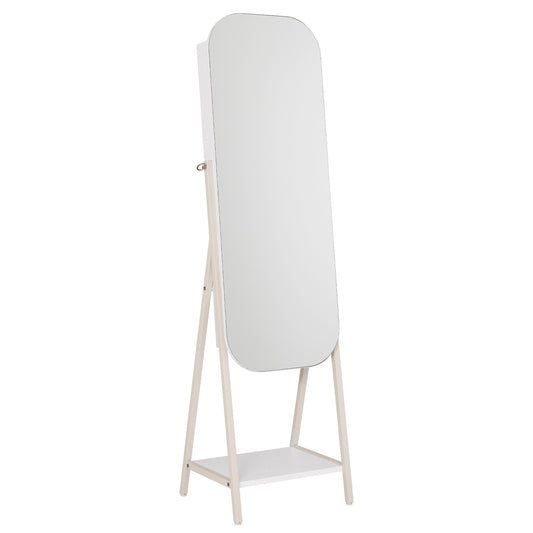 The white jewellery armoire with a full-length mirror standing on a wooden easel stand