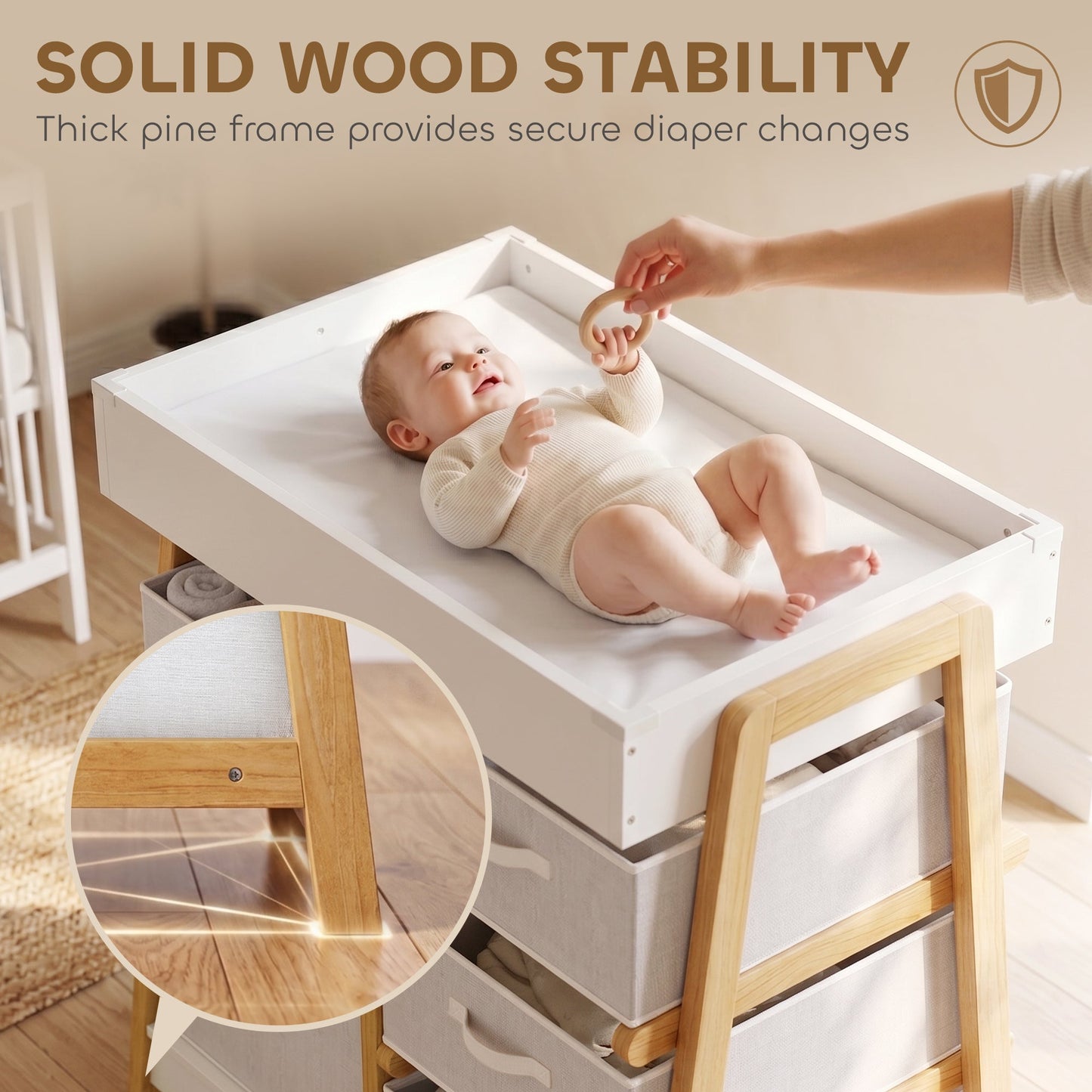 AIYAPLAY Baby Changing Table, Baby Changing Unit with 3 Drawers, Large Basket and Waterproof Pad for Bedroom Nursery, White