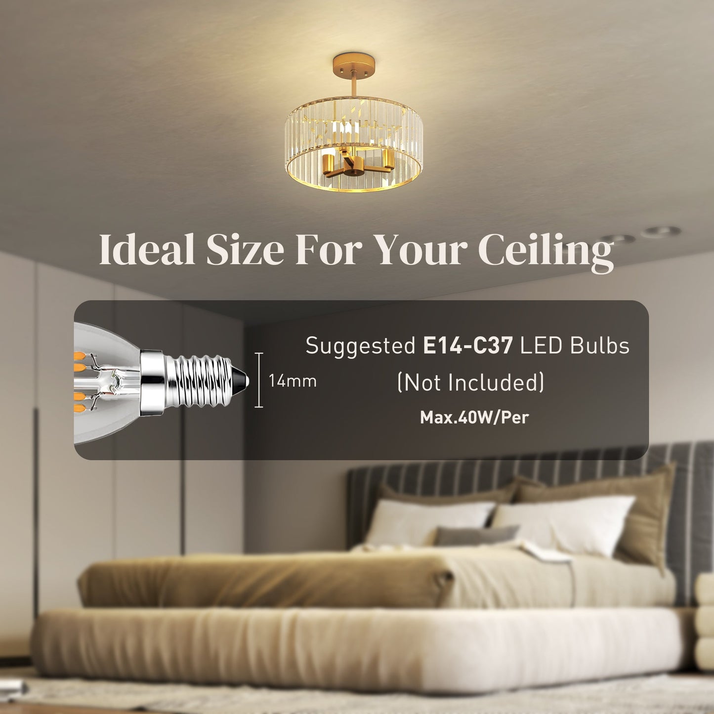 HOMCOM Crystal Ceiling Light Fixture, 39 cm Semi Flush Mount Modern Crystal Chandelier Ceiling Light for Living Room, Bedroom, Hallway, Dining Room, E14 Base 3-Lights, Bulbs Not Included, Gold Tone