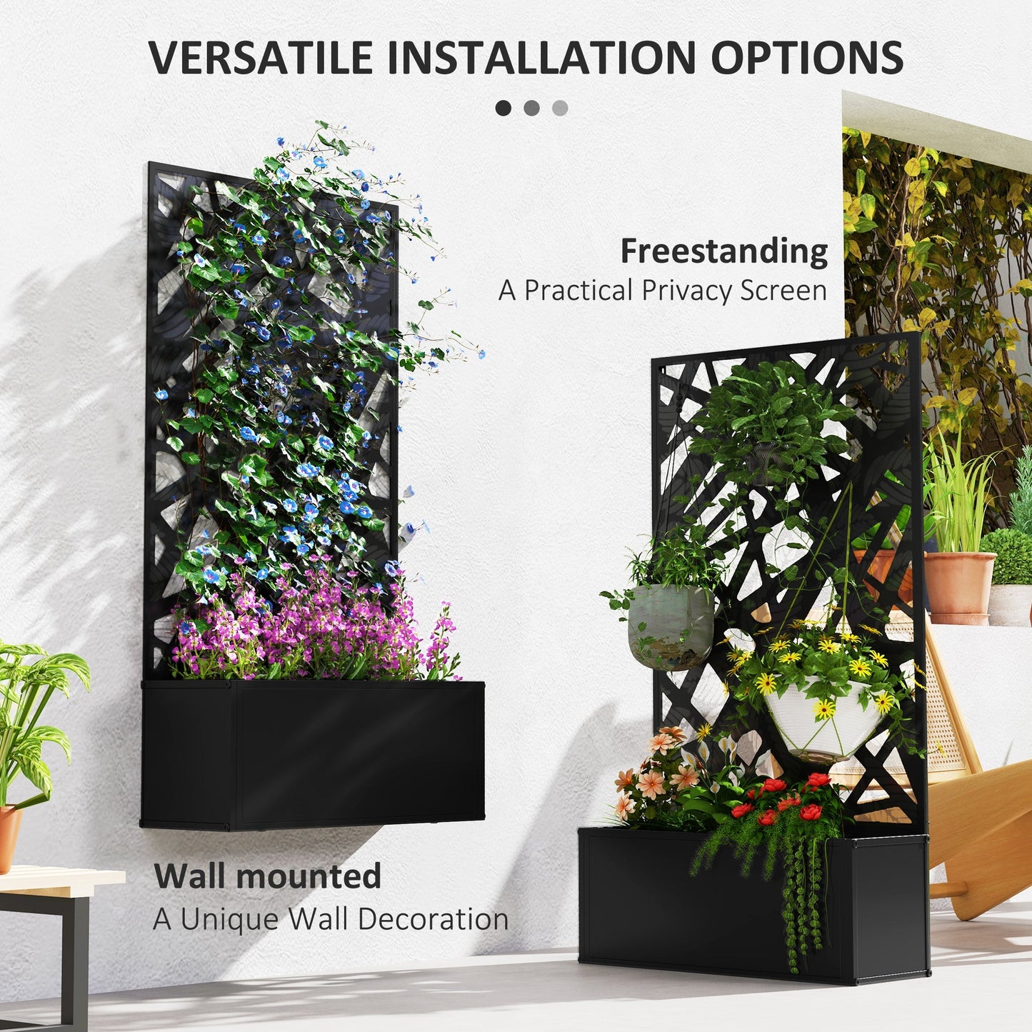 The metal planter with trellis can be freestanding or wall mounted
