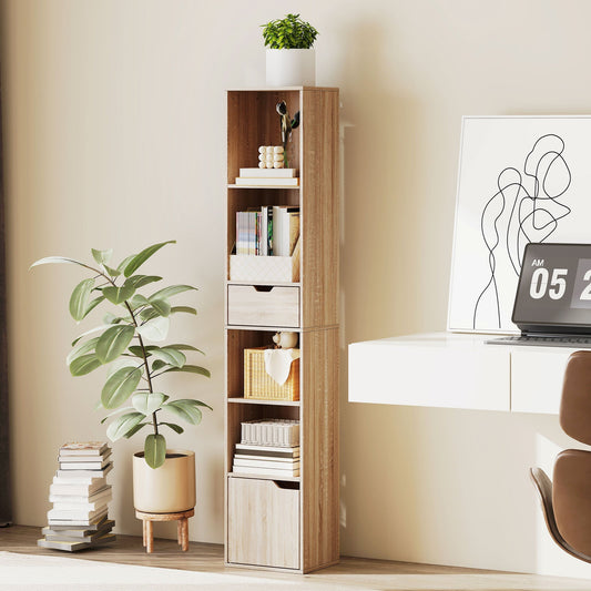 Tall narrow bookcase with drawer and door in a room with plants and a desk