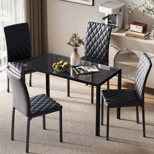 HOMCOM 5 Piece Dining Set, Kitchen Table with Glass Top, Faux Leather Chairs, Black