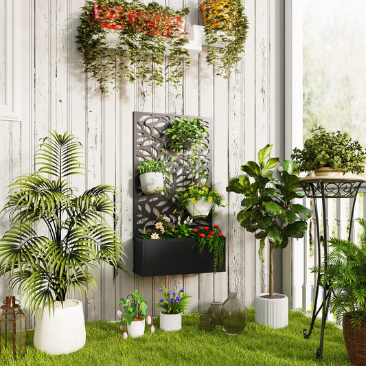 Outsunny Outdoor Metal Planter, with Back Trellis - Black