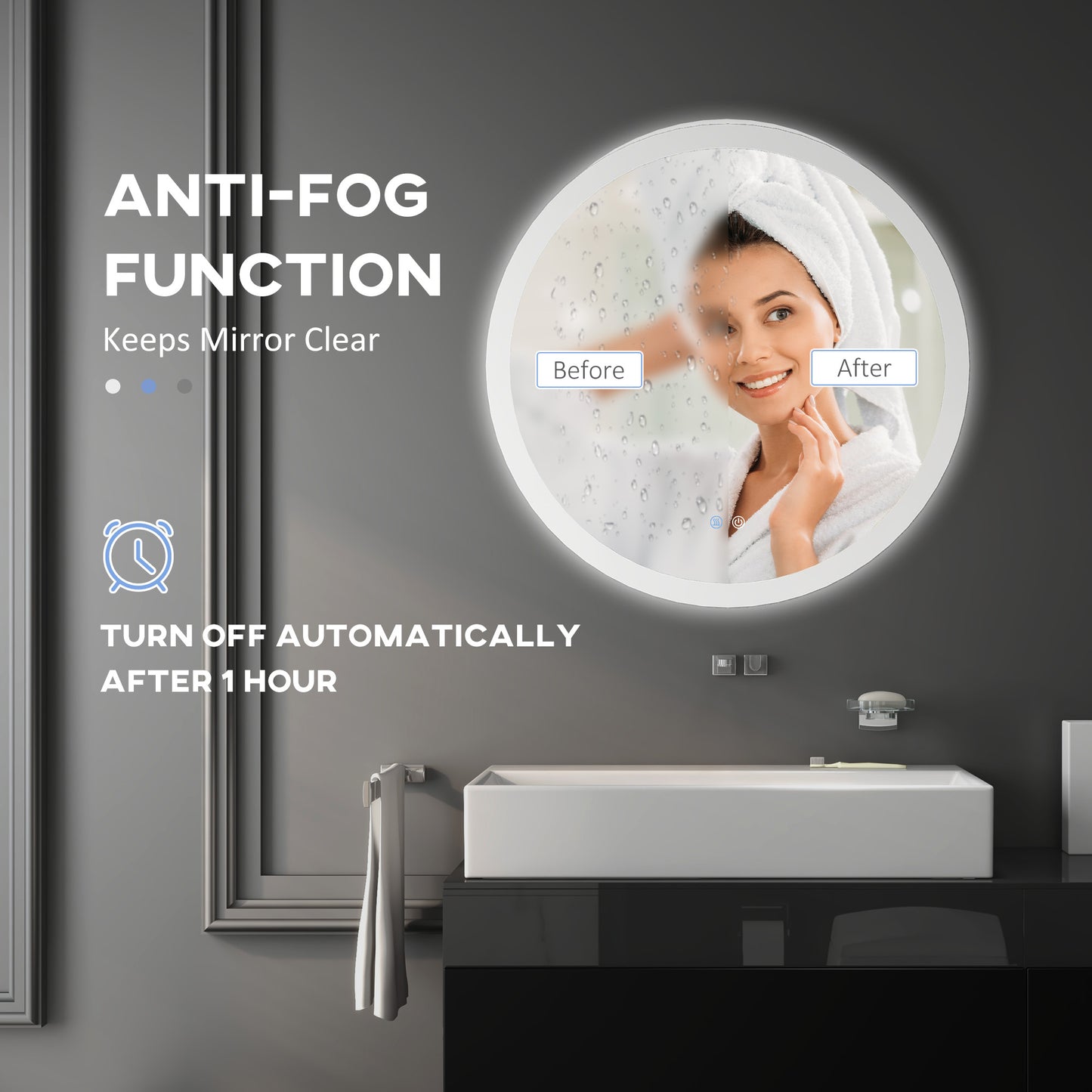 kleankin Round Bathroom Mirror with LED Lights, Wall-Mounted Dimmable Makeup Mirror with 3 Temperature Colours, Defogging Film, Memory Function, Hardwired, 70 x 70Â cm