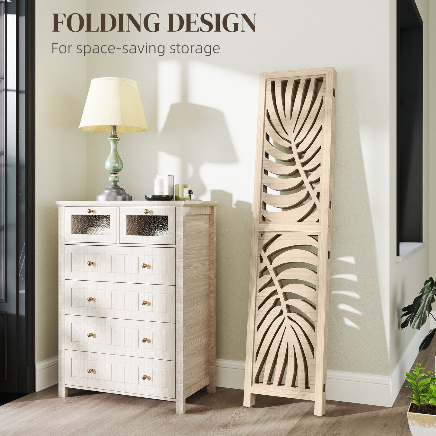HOMCOM 4 Panel Privacy Screens, Detachable Folding Room Divider with Palm Leaf Design for Home Office, Natural Wood Finish