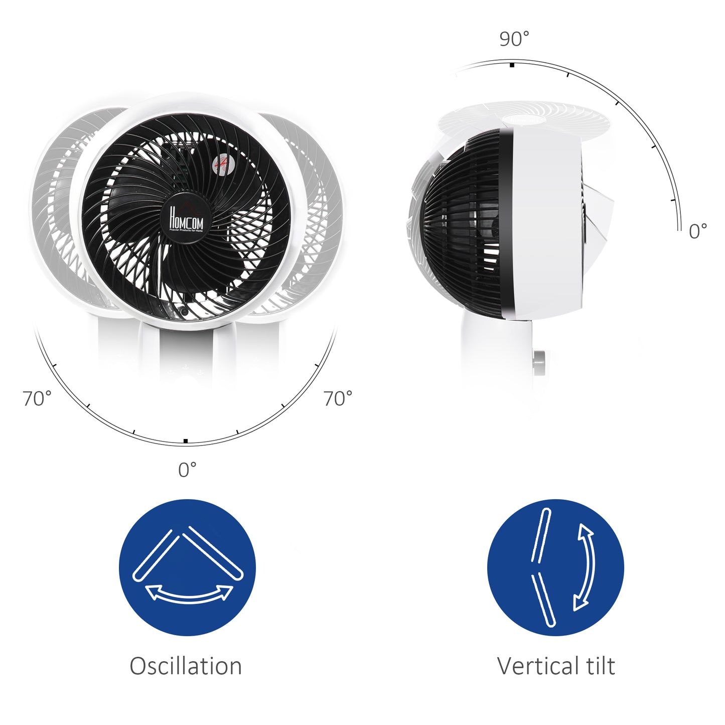 HOMCOM 9'' Air Circulator Fan 3 Speed, 70° Oscillation 90° Vertical Tilt, Carry Handle, Pedestal Fan, Pedestal Fan for Living Room, Bedroom, Office, White and Black