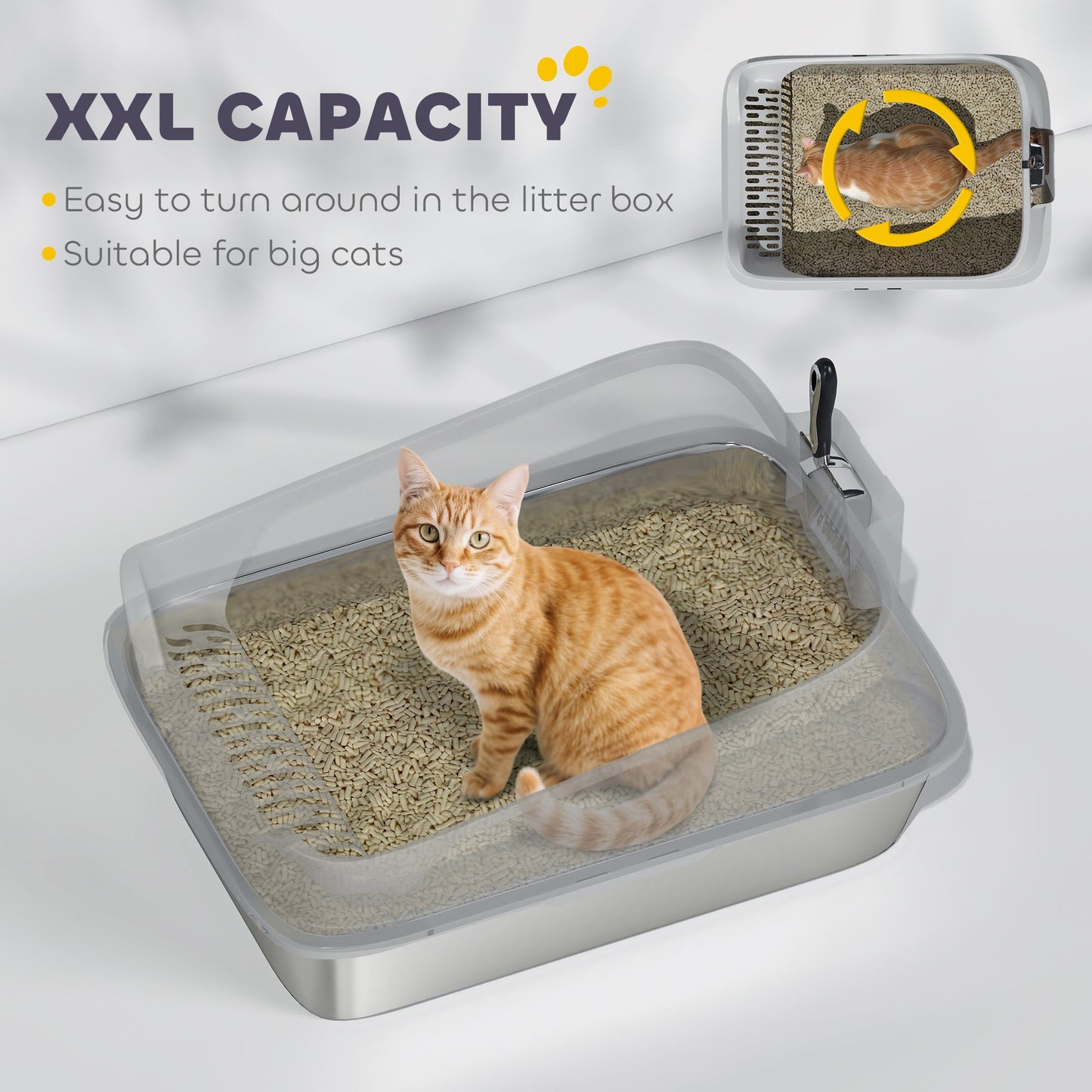 صندوق فضلات القطط PawHut XXL من الفولاذ المقاوم للصدأ بجوانب مرتفعة، ومغرفة معدنية، 70 × 50 × 30 سم