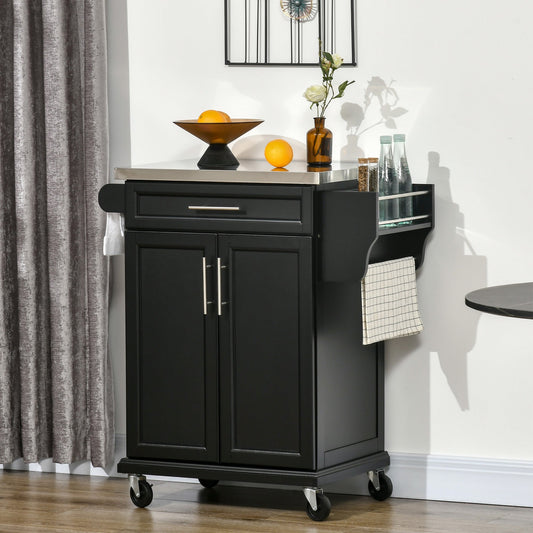 HOMCOM Wooden Kitchen Island on Wheels, Serving Cart Storage Trolley with Stainless Steel Top, Drawer, Side Handle and Rack, Black