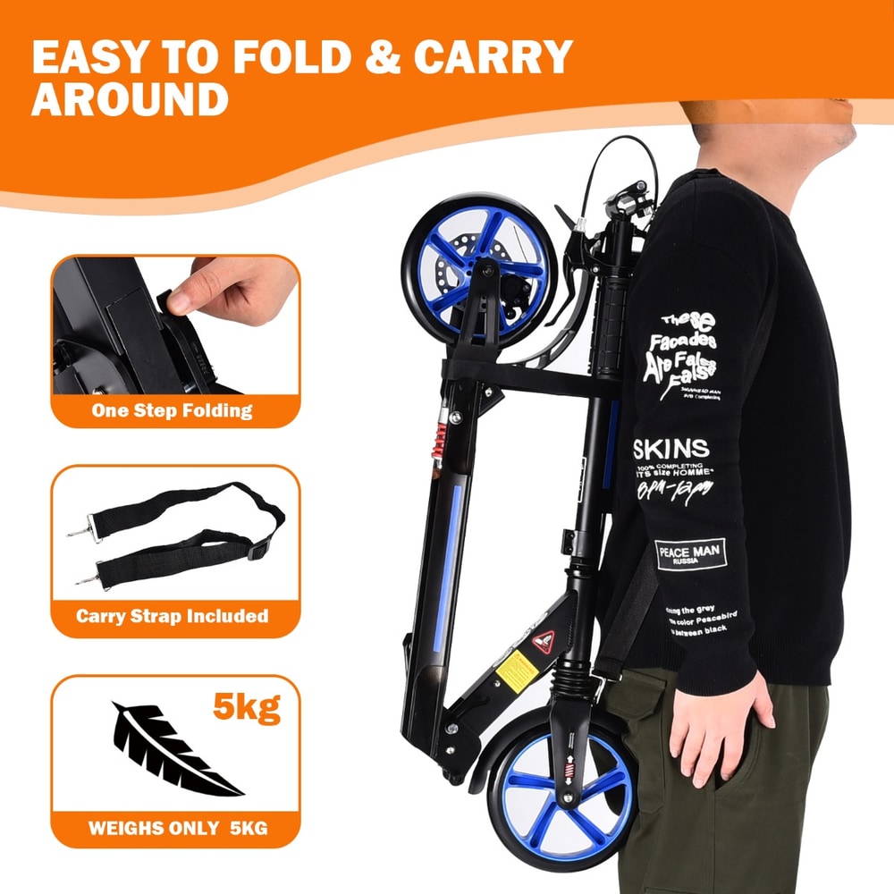The blue kick scooter folded with a carry strap and weight indicator