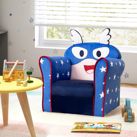 The blue kids armchair with white stars and red trim features a superhero face design on the back