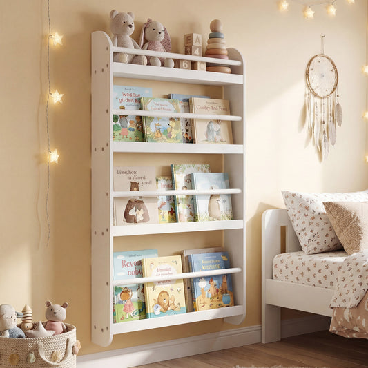 The kids storage mounted on a bedroom wall next to a bed with soft toys on the top shelf