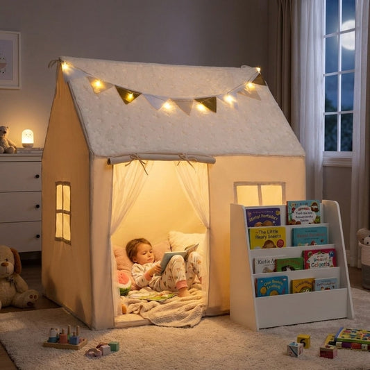 A child reads a book inside the toddler playhouse, with the bookshelf beside it filled with books
