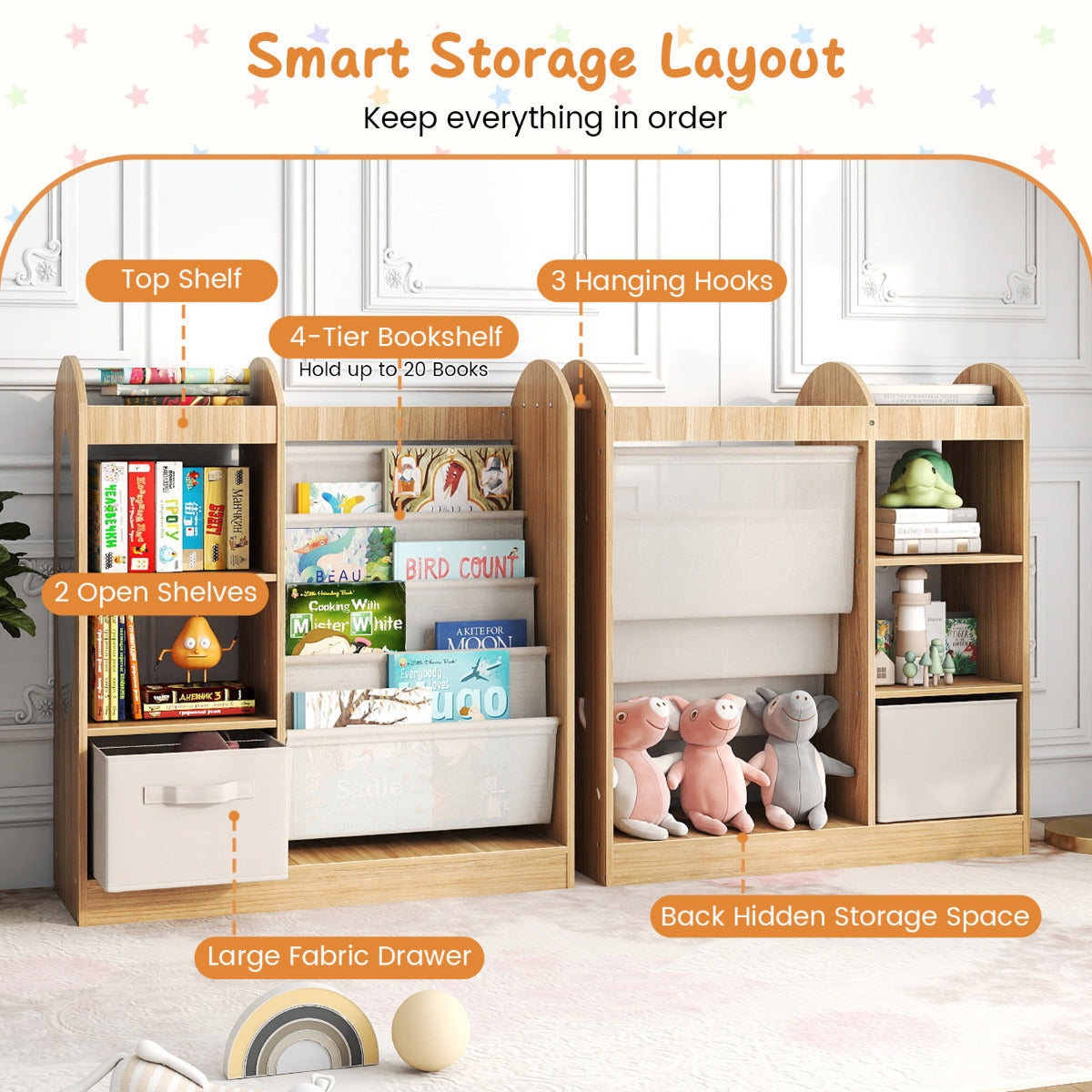 Diagram showing features of the kids bookshelf with mirror and sling shelves