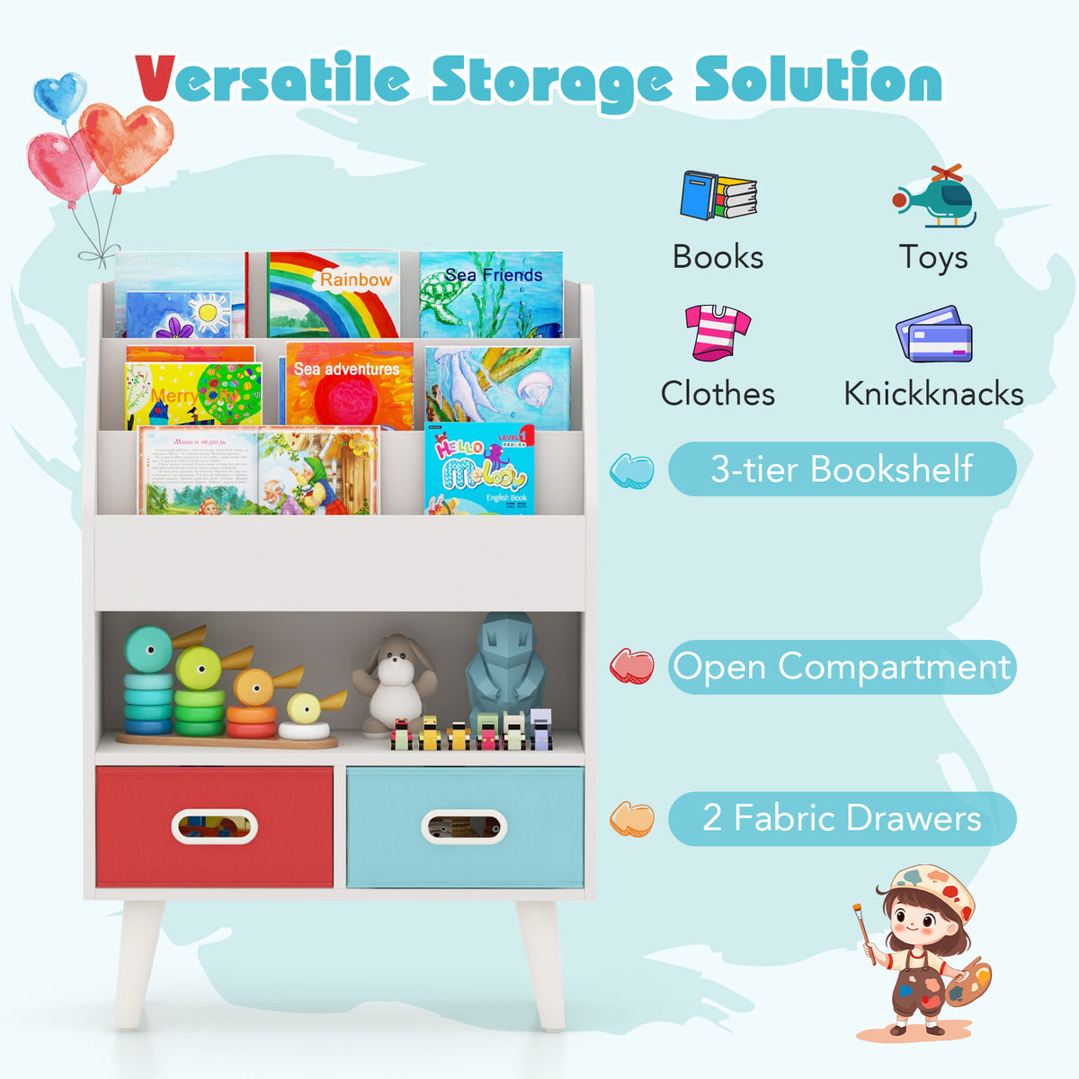 The white kids storage unit with icons showing books and toys stored on the shelves
