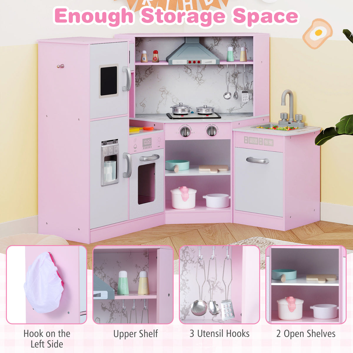 Storage options on the pink corner kitchen playset including shelves and hooks