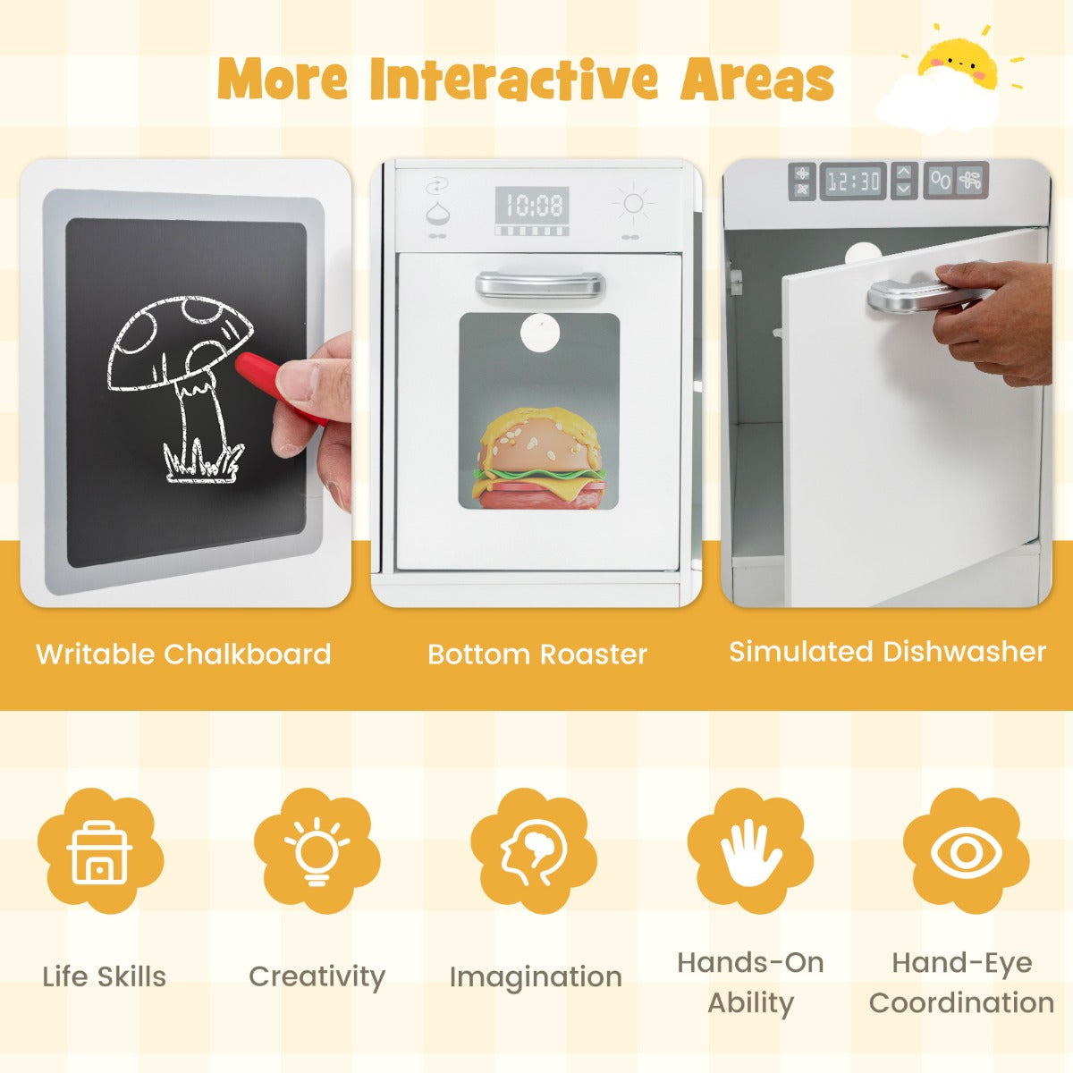 Interactive areas of the play kitchen set including a chalkboard and simulated appliances