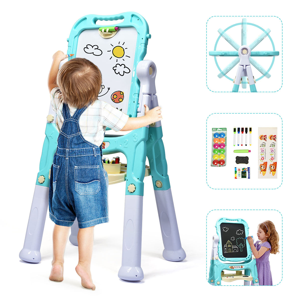 A young boy drawing on the green kids art easel with a woman and girl in the background