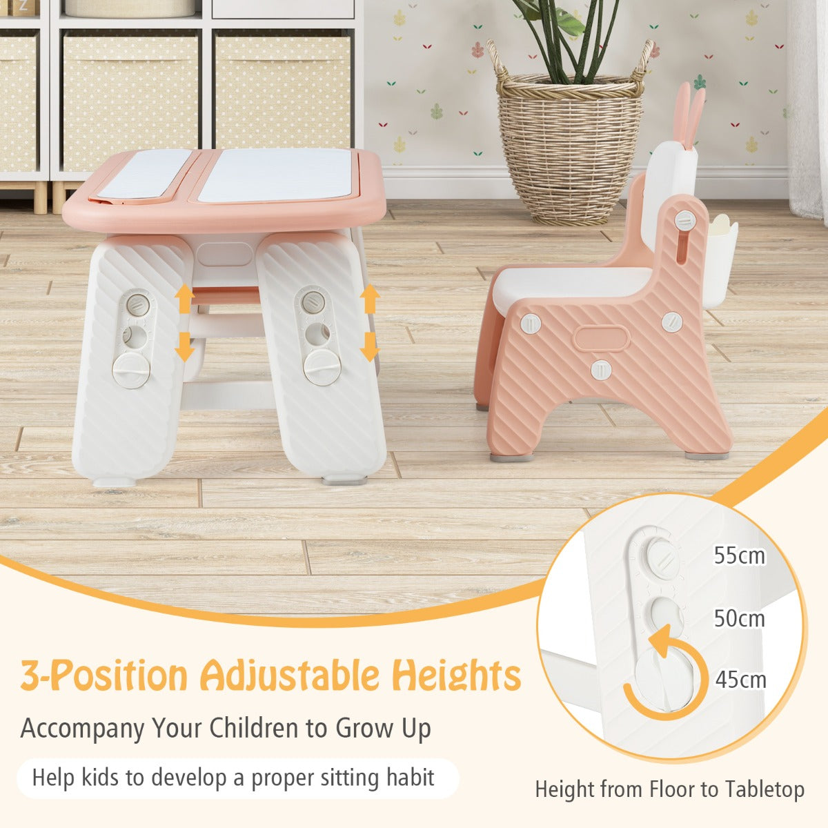 The kids table and chair set with a diagram showing the adjustable leg height settings