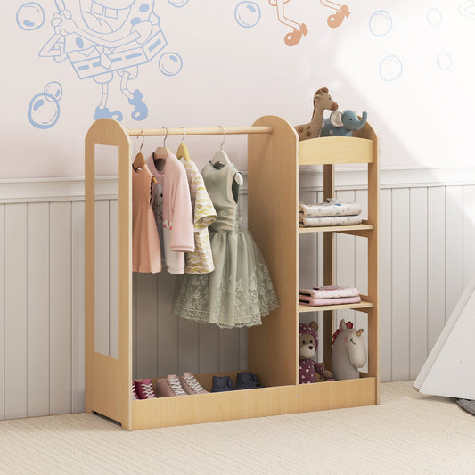 The kids dress up storage unit with mirror shown in a child's bedroom with wall stickers