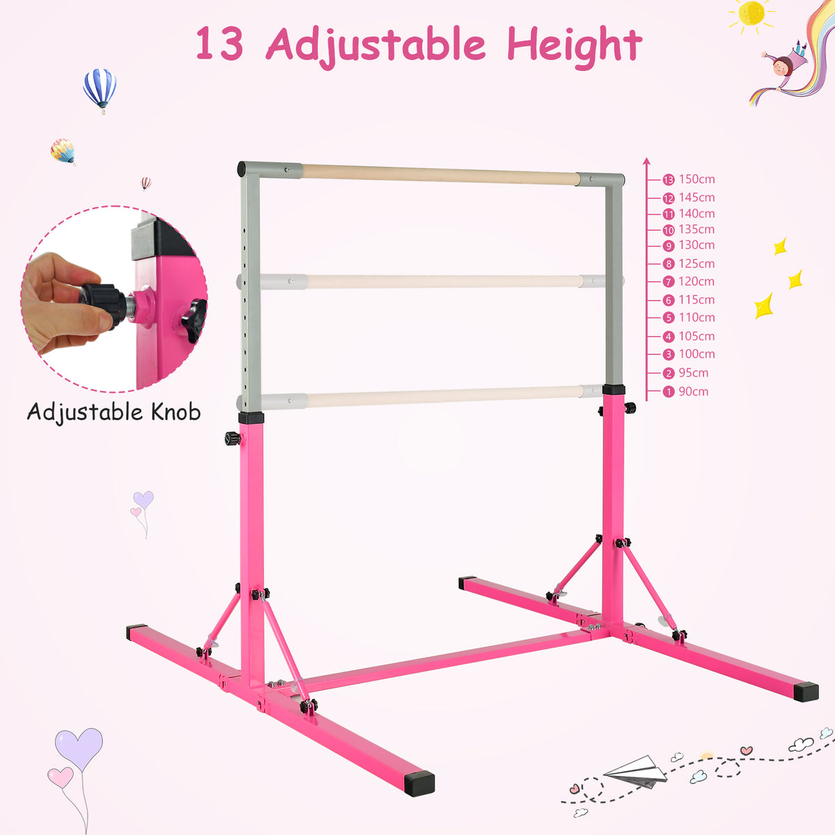 The toy sports bar with a close-up of the adjustment knob and a list of height settings