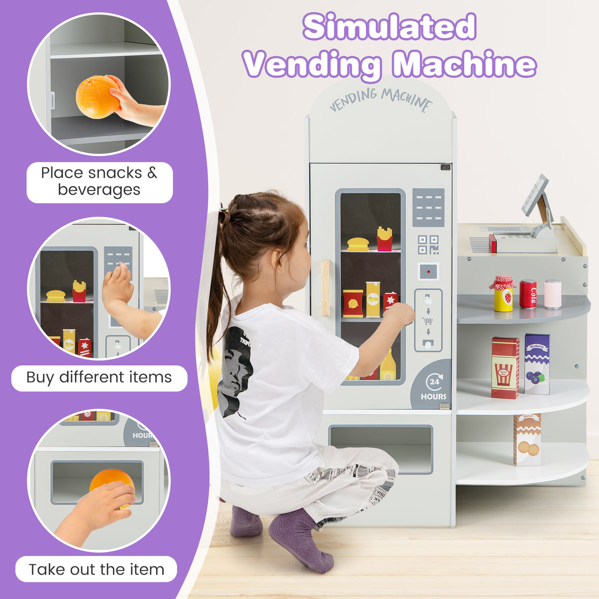 Simulated vending machine section of the grocery store playset with a child interacting