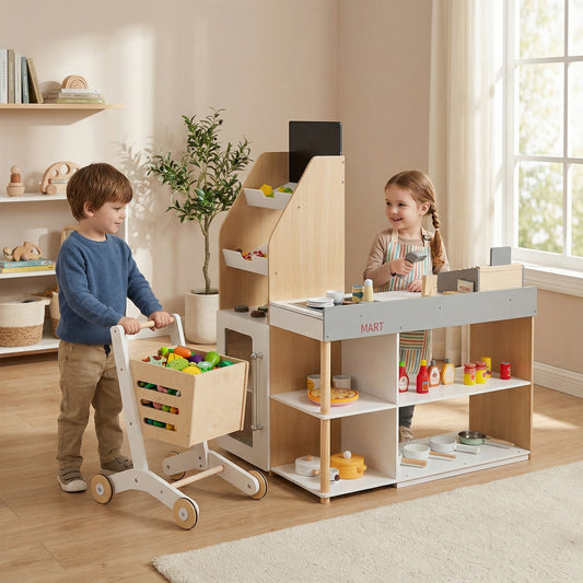 The wooden supermarket playset with a shopping cart, shown with two children playing