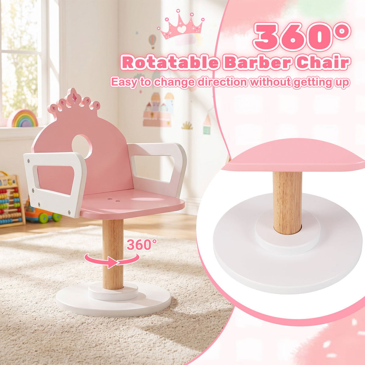 The kids vanities swivel chair showing the rotating base and backrest design