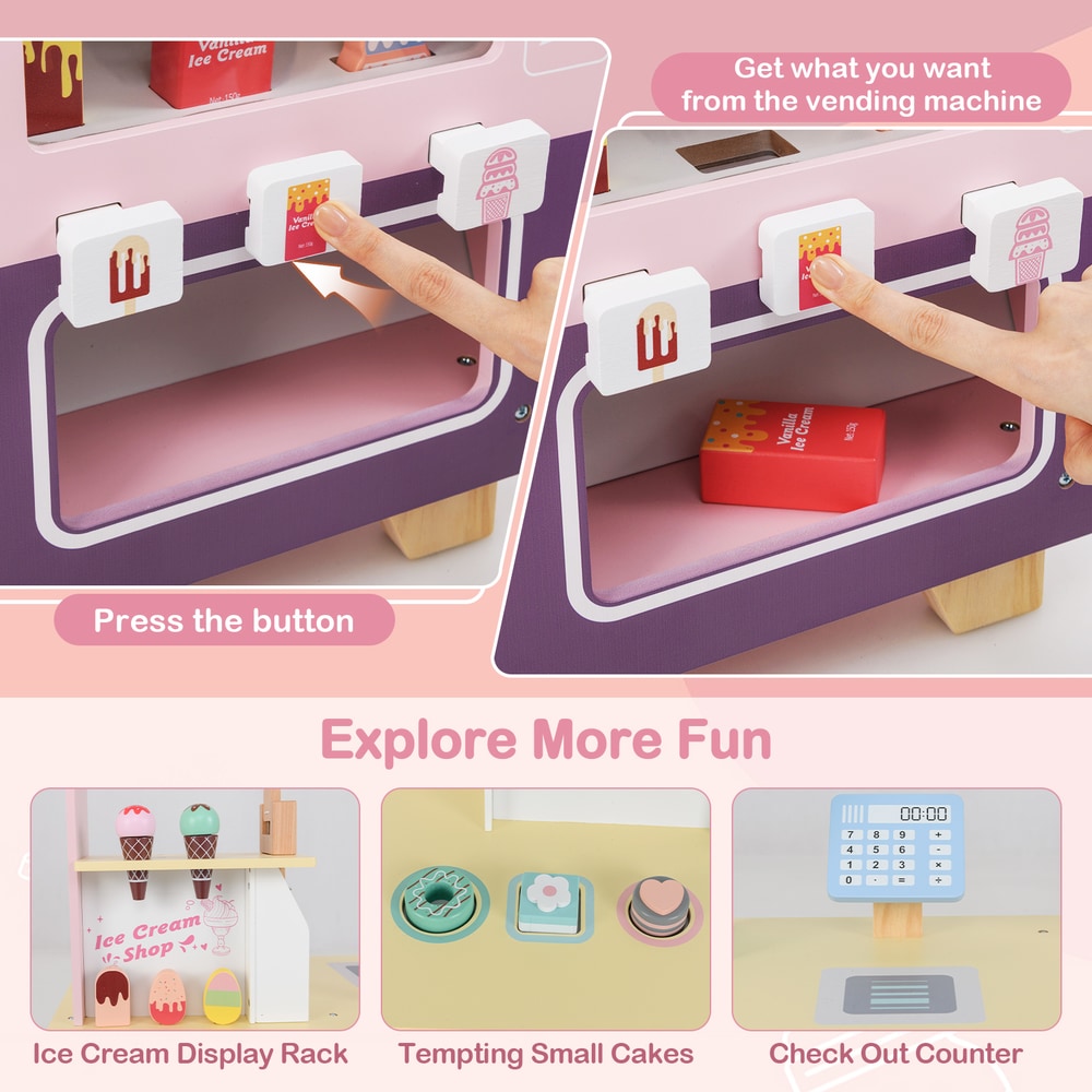 Close-up views of the pink ice cream cart truck play kitchen set's features and accessories
