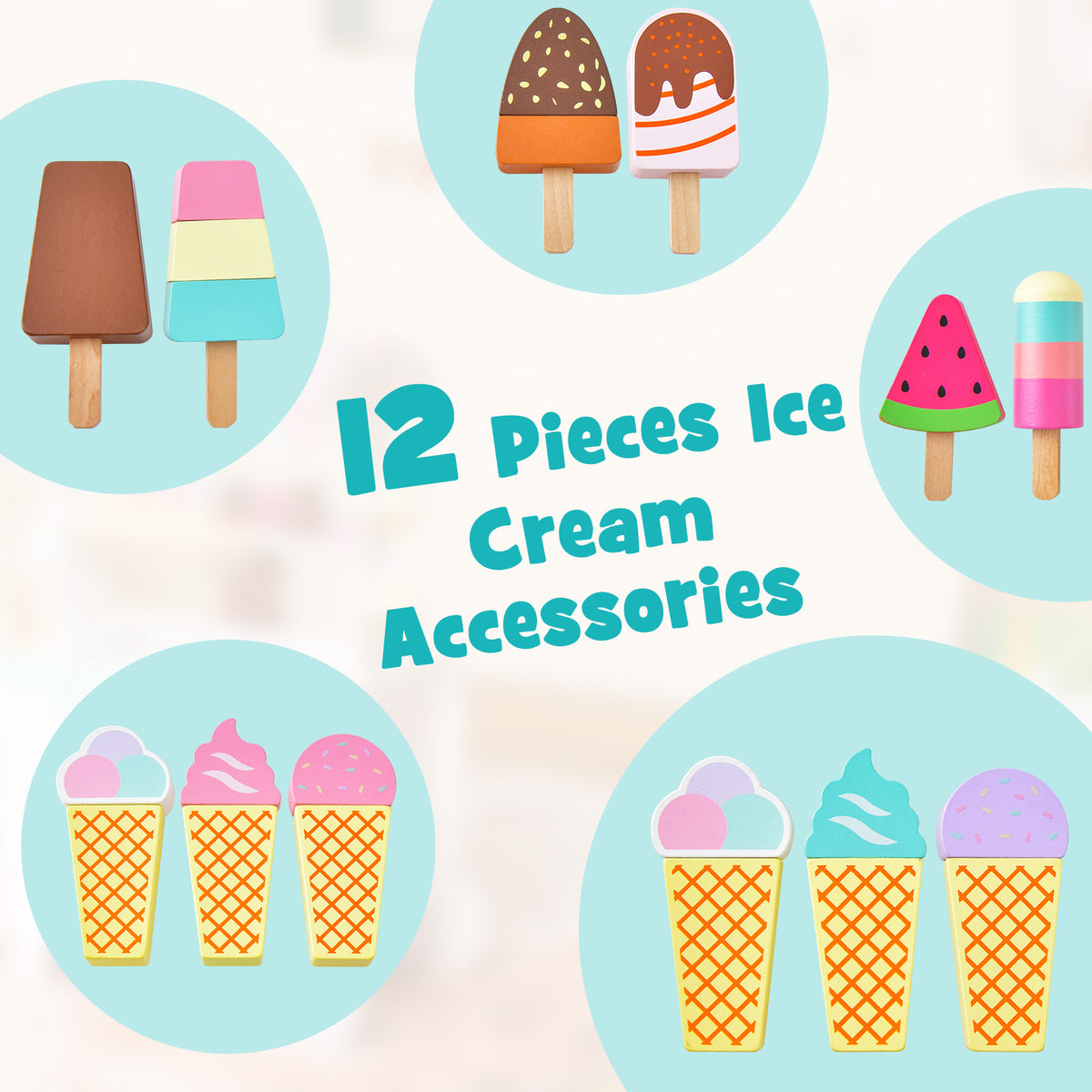 Kids ice cream cart accessories including cones and popsicles