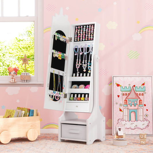 The kids jewelry armoire cabinet full length mirror is open and filled with jewellery