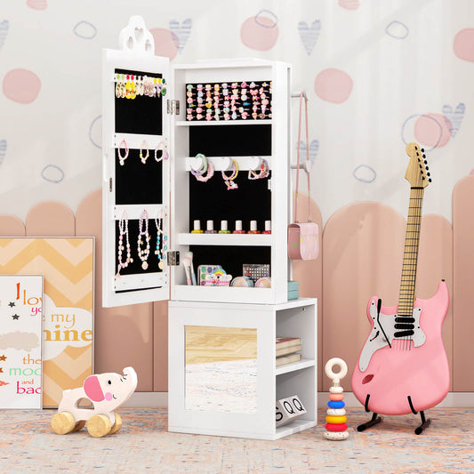 The white jewellery cabinet with a full length mirror and coat rack, open to show jewellery storage