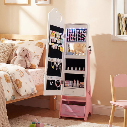 Kids Jewelry Cabinet with Sensor Lights and Full-Length Mirror, white with pink trim, shown from the front with the door open