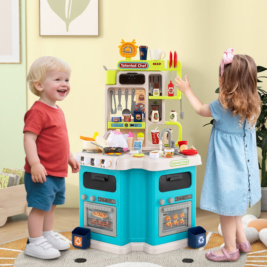 The play kitchen set being used by two young children in a bright playroom setting