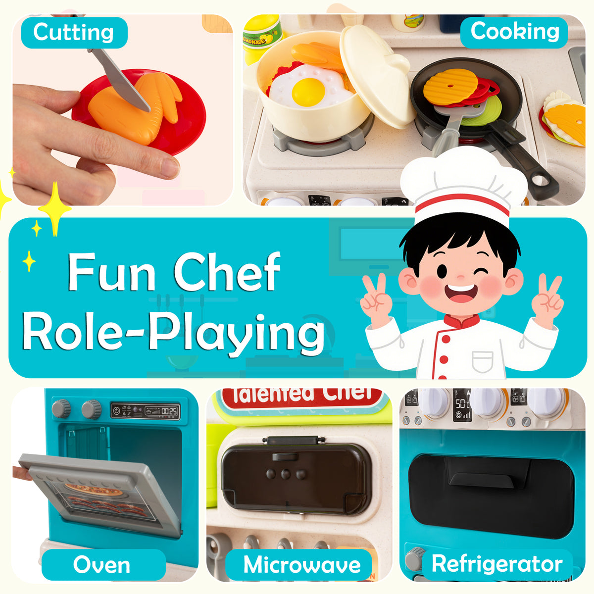 Collage showing role-playing activities with the play kitchen, including oven and microwave