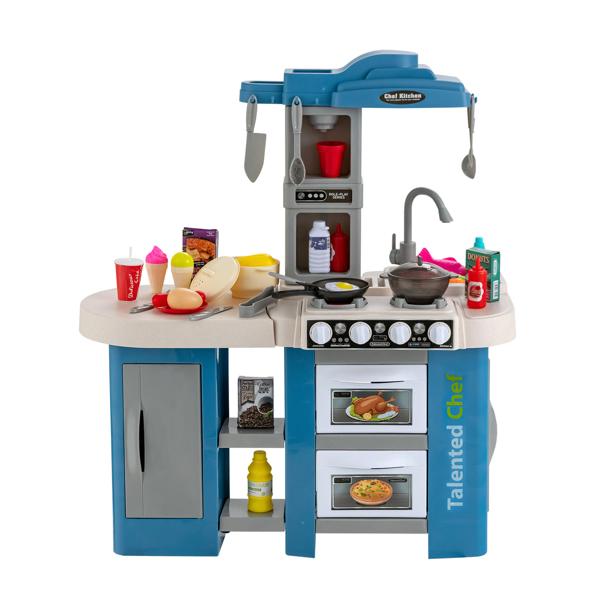 The play kitchen set with all included plastic food items arranged on the counter