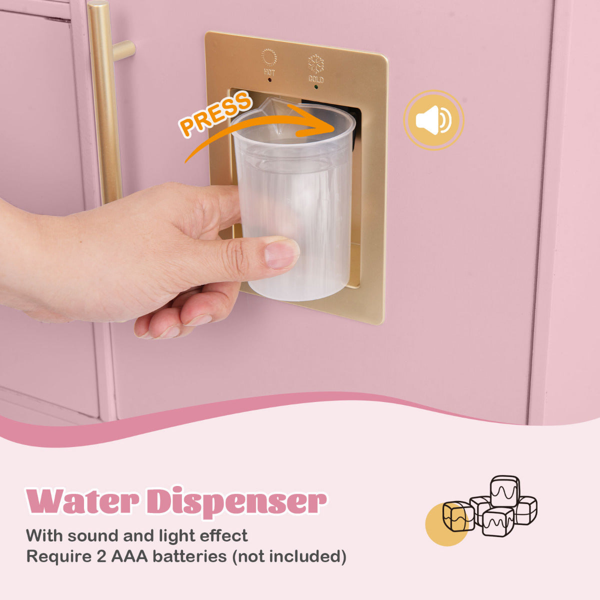 The pink play kitchen set featuring a golden water dispenser with a plastic cup being pressed