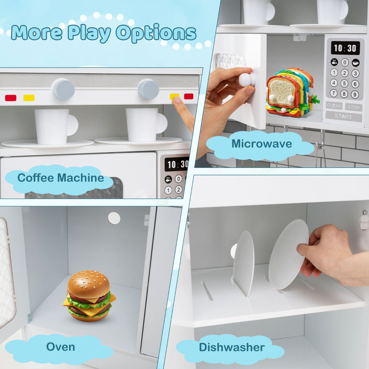 More play options for the toy kitchen, including coffee machine, microwave, oven and dishwasher